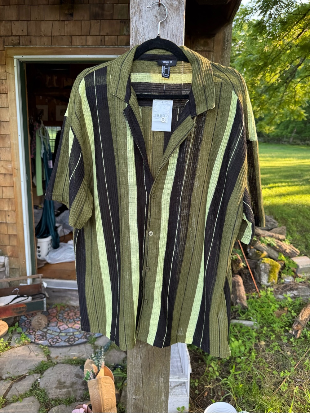 NWT Forever 21 Olive Green Multi Striped Camp Collar Button Up Shirt